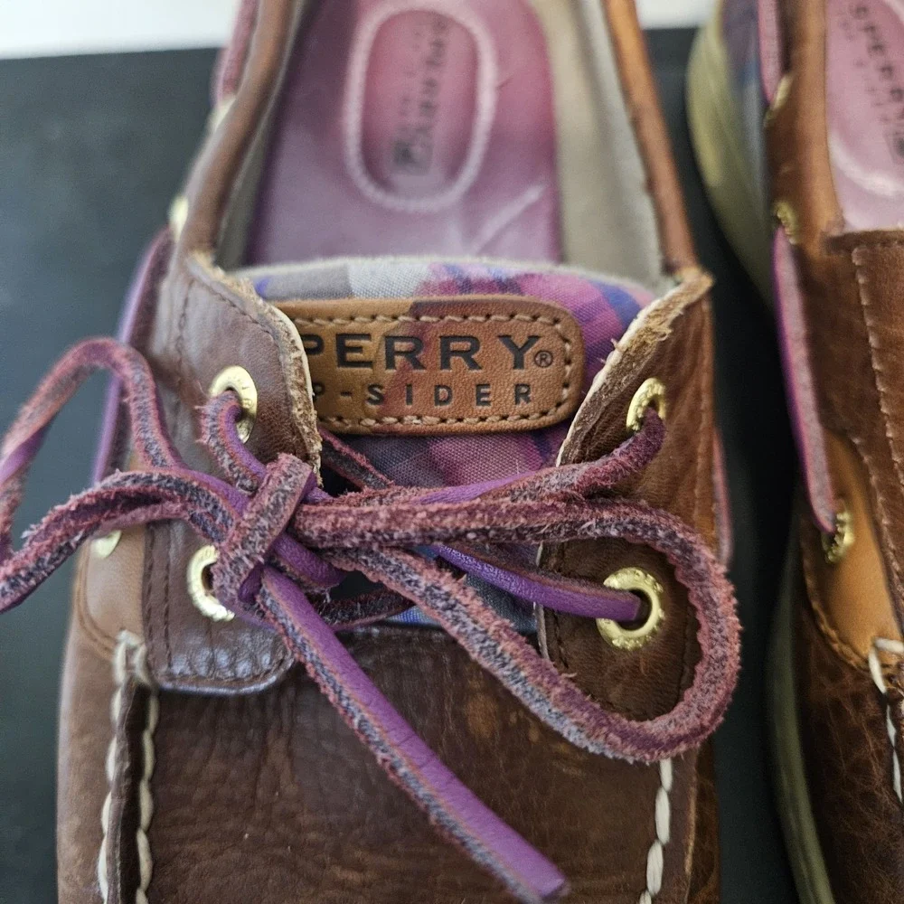 Sperry Top-Sider Brown/Pink Plaid Bluefish Leather Boat Shoe Womens - Size 8M